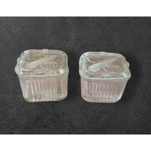 Federal Glass Refrigerator Dish Set Square Clear Vintage Ribbed Tomatoes & Celer - Picture 2 of 8